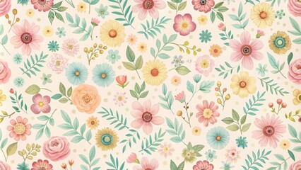 Pastel Floral Pattern Delicate Blooms and Lush Greenery Seamless Design