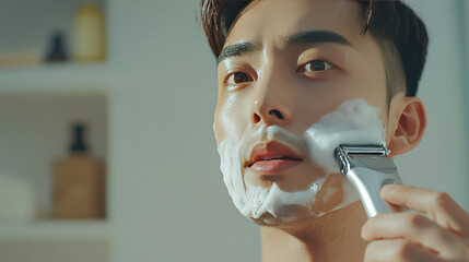 Male grooming routine in modern bathroom showing young man applying shaving foam on face with razor close-up in soft natural light setting