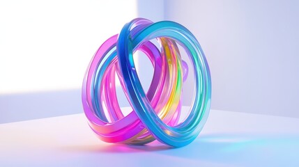 Fototapeta premium Intertwined: Abstract iridescent glass rings creating a vibrant, colorful, and dynamic sphere. Perfect for technology, design, and modern art concepts. 