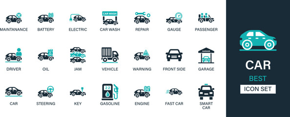 Car icon set collection. Maintenance, battery, electric, car wash repair, gauge, passenger, driver, oil, jam, vehicle, warning and best solid icon set.