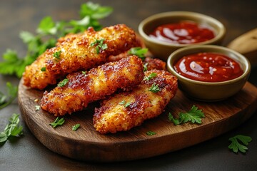 Breaded chicken strips or nuggets with two kinds of sauces and fried potatoes on a wooden Board. Fast food on dark brown background. with copy space
