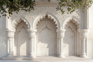 Naklejka premium Intricate white marble archways with ornate carvings. Ideal for backgrounds, design projects, or adding an elegant, Islamic architectural element.