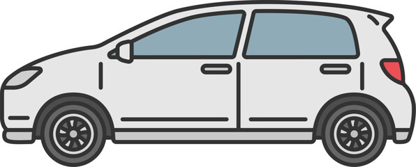 横から見た、白色のコンパクトカー（線画カラー）のイラスト