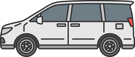 横から見た、白色のミニバンの自動車（線画カラー）のイラスト