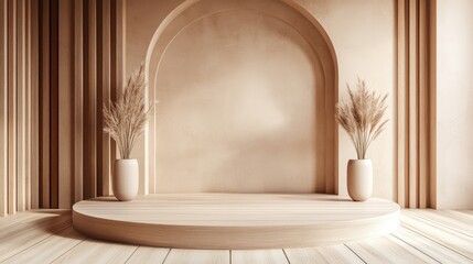 Minimalist stage design with vases and dried plants in a serene, neutral-toned environment.