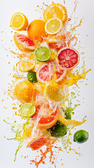 Mixed citrus fruits exploding with juice spray