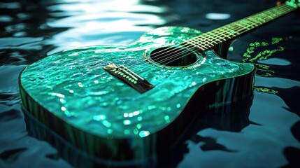 The high-end guitar appears suspended on calm water, animated by ripples and water droplets. The interplay of green and blue lighting highlights its premium craftsmanship.