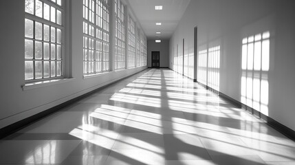 Empty white hallway with large windows casting shadows.