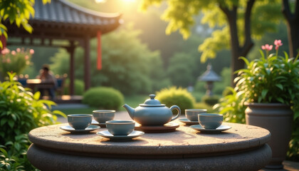 Fototapeta premium Outdoor Chinese Tea Set with Blue Porcelain Cups and Teapot