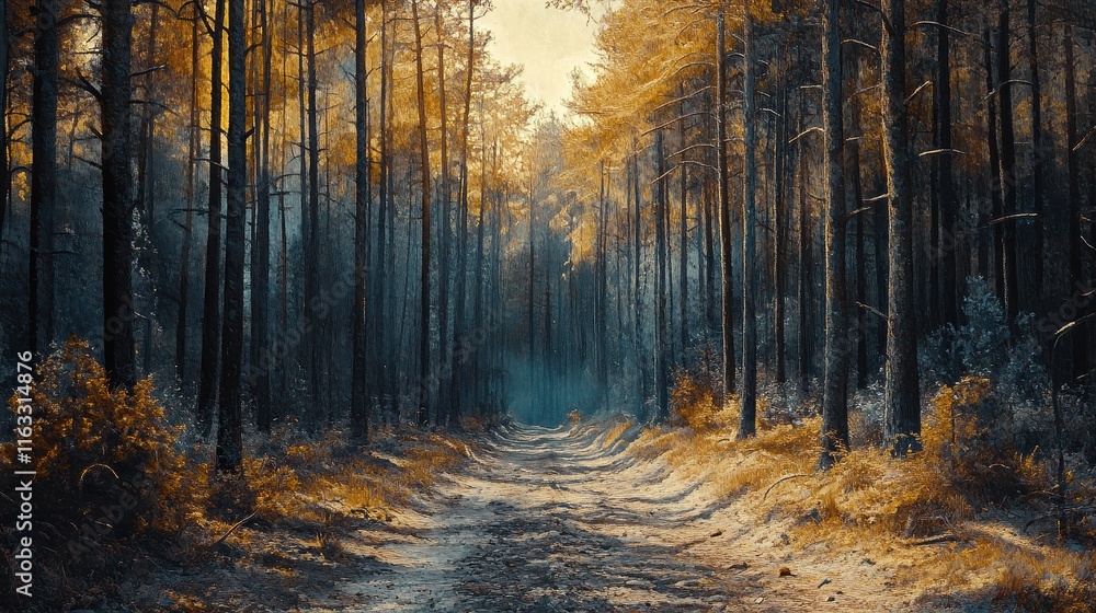 Poster sunlit path through autumnal forest, tall trees line the way. perfect for illustrating tranquility, 