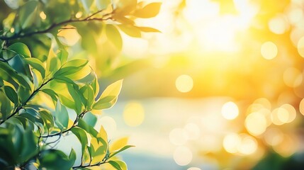 Fototapeta premium Sunny abstract green nature background with bokeh light in spring garden