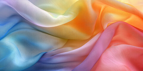 Obraz premium A macro shot of an ethereal, rainbow-colored scarf, its fabric flowing gracefully in the wind against a soft, grey background, generative AI