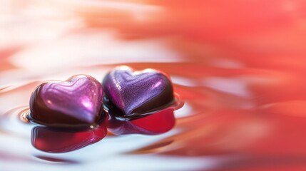 Two heart-shaped chocolates with glossy pink and purple coatings, floating gently on calm water; ripples reflect the vibrant red background under studio lighting.
