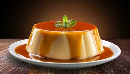Brazilian gastronomy. Milk pudding with caramelized syrup on wooden table. Generated image