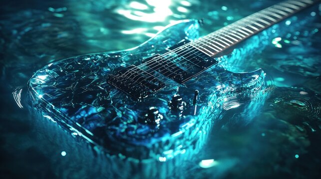With intricate string details and a polished finish, the electric guitar floats gracefully on water, illuminated by soft blue and green tones and animated by shimmering droplets.