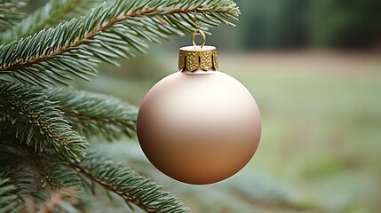 A single gold ornament hangs on a pine branch