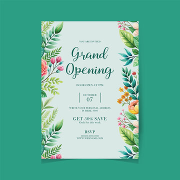 Grand opening party invitation card in floral design with elegant flowers. flower bouquet and indoor bamboo palm leaves on green