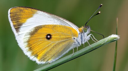 Beautiful Yellow Butterfly on Green Blade of Grass