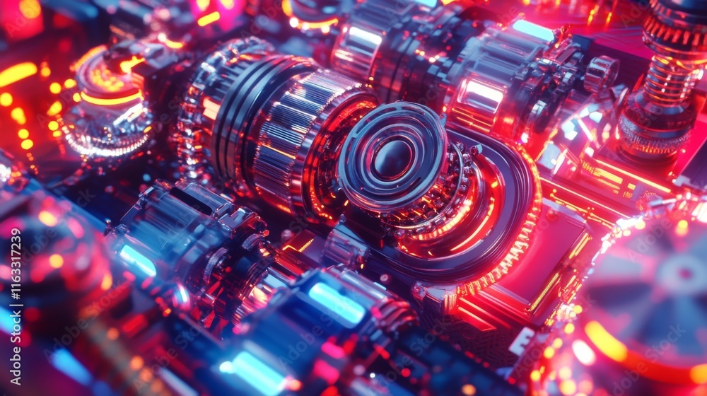 Poster abstract close-up view of intricate mechanical components with glowing neon lights, showcasing a fut