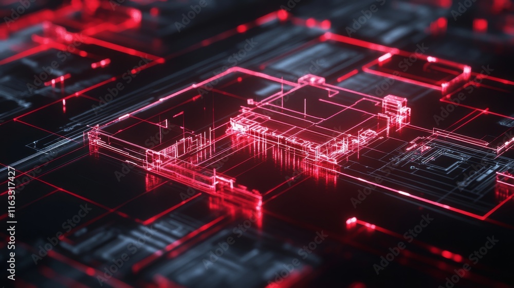Poster abstract digital circuit design visualization in neon red hues with detailed line art depicting tech