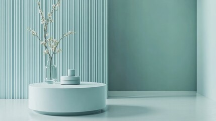 A serene interior featuring a round table with a vase and minimalistic decor.