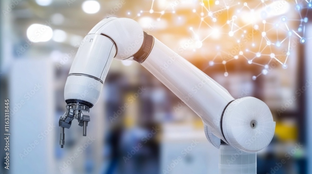Poster advanced industrial robotic arm in a modern factory setting with an out-of-focus background of techn
