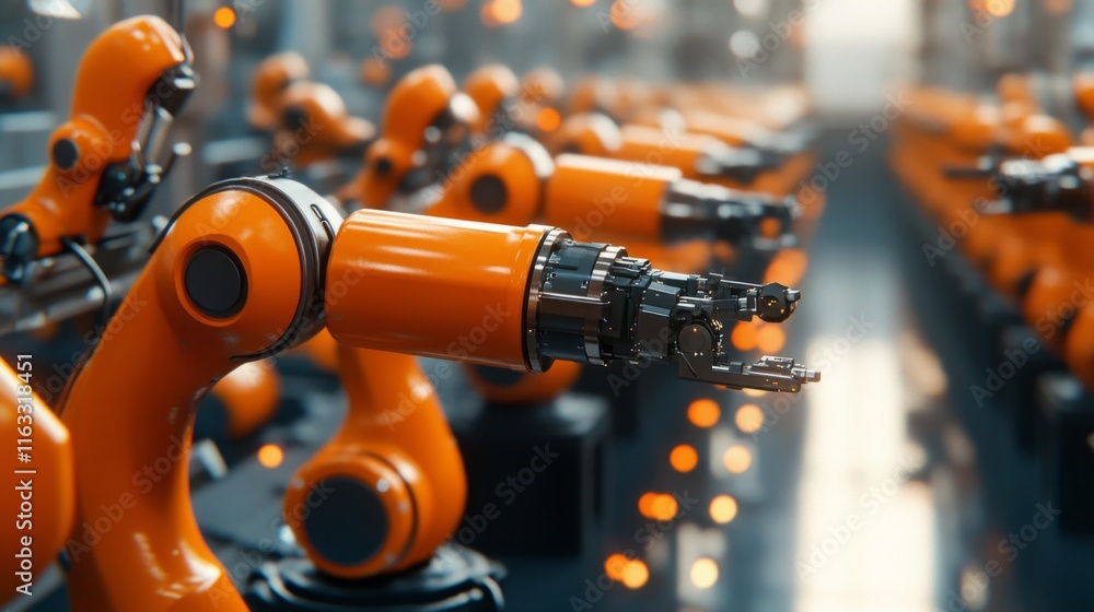 Poster advanced industrial robots in an automated manufacturing environment showcasing precision engineerin