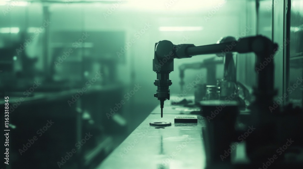 Poster advanced robotic arm operates in a dimly lit industrial environment, showcasing precision engineerin