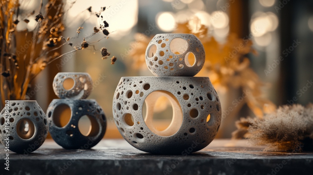 Poster artistic ceramic vases with unique hole patterns and warm natural tones arranged on a rustic table w