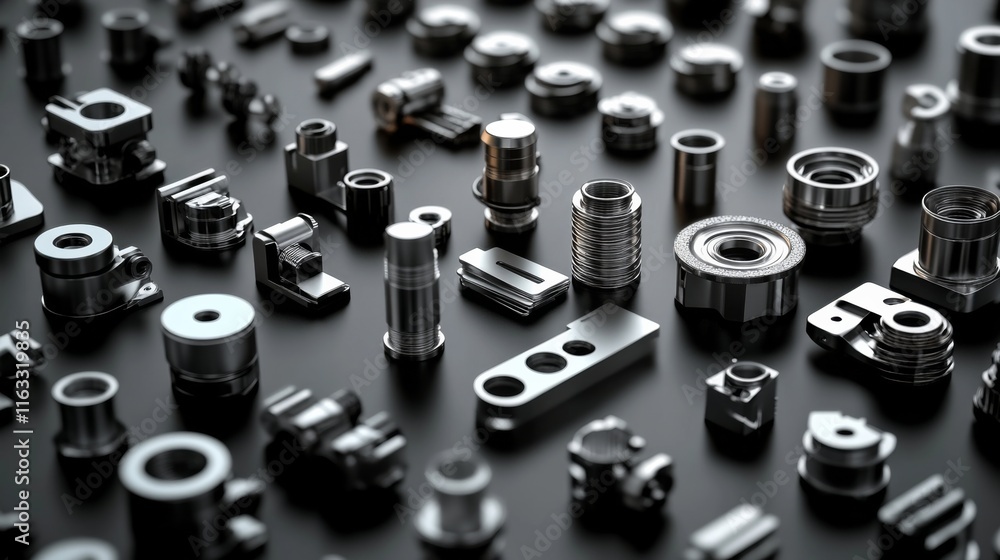 Poster close-up arrangement of various metallic engineering components and machine parts on a dark surface,