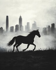 Silhouette of a Horse Running Towards the City