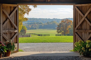 Fototapeta premium Open barn doors reveal scenic autumn farmland. Perfect for showcasing rural tranquility, idyllic landscapes, or farm-related themes.