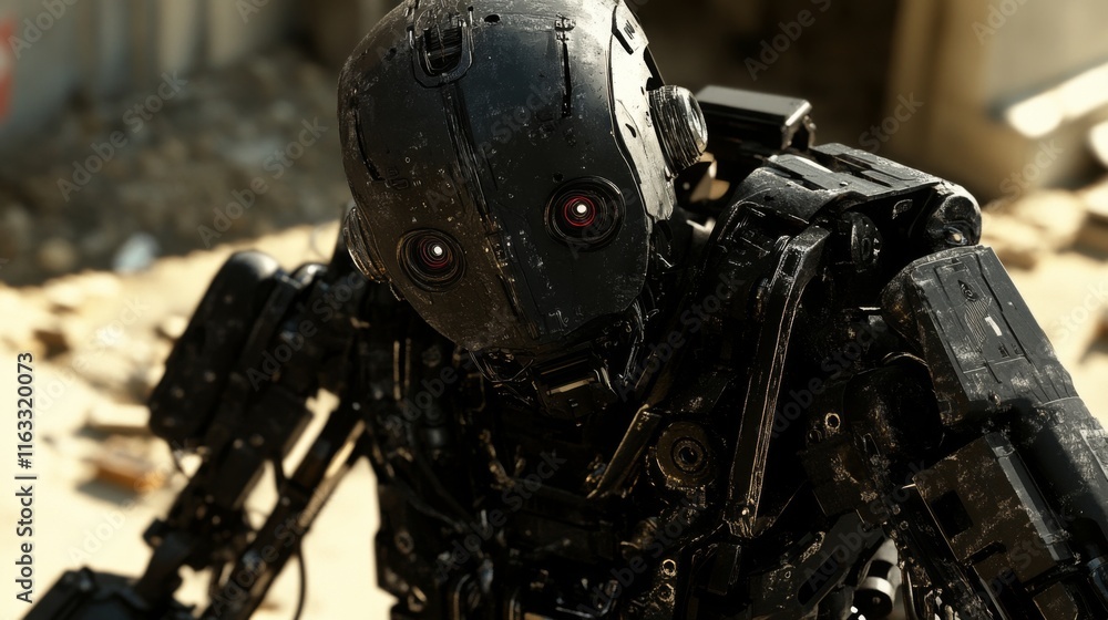 Poster close-up of an intricate black robot with large eyes in an industrial setting highlighting a sci-fi 
