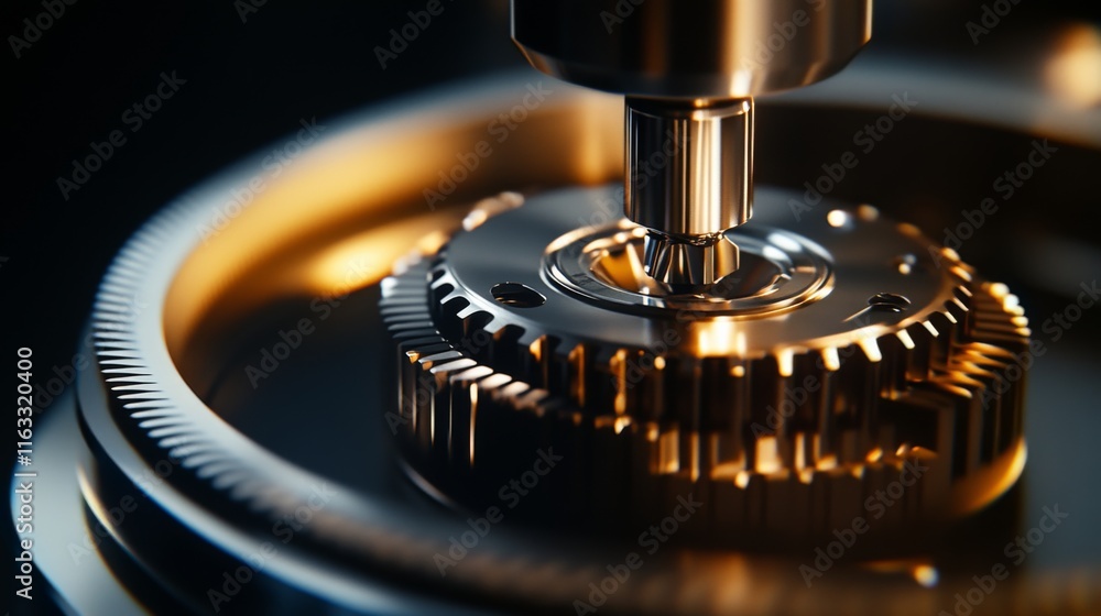 Poster close-up of precision machining process with metallic gear and cnc tool in soft light showcasing ind