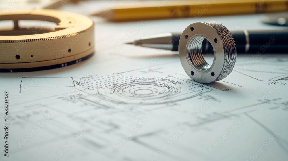 Poster close-up of precision metal part on engineering blueprint with mechanical details and drafting tools