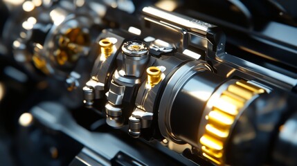Obraz premium Close-Up View of a Detailed Engine Component with Shiny Metal Surfaces and Intricate Mechanical Structures Highlighting Modern Engineering Design and Technology