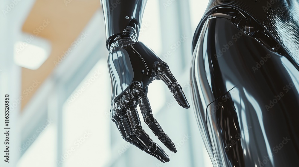 Poster close-up view of a sleek black robotic hand emphasizing advanced technology and precision engineerin