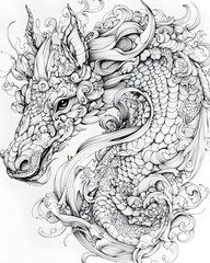 Ornate Dragon Head Ink Drawing