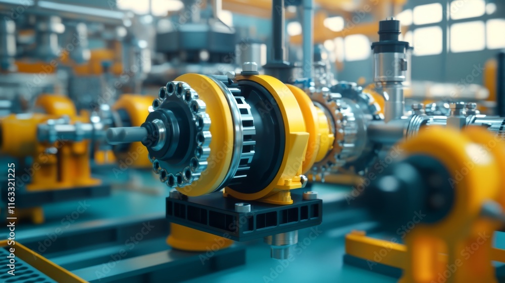 Poster close-up view of high-tech mechanical component in modern industrial facility showcasing intricate d