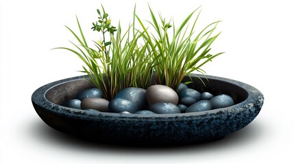 Zen Garden in a Dark-Blue Stone Bowl: Tranquil Arrangement of Stones and Grass