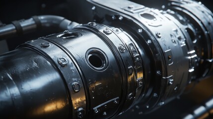 Close-Up View of Industrial Pipe with Metal Fasteners and Textured Surface, Ideal for Engineering, Manufacturing, and Mechanical Design Concepts