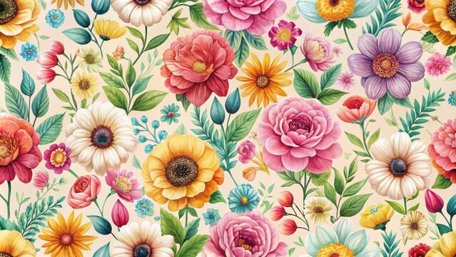Vibrant floral pattern featuring a profusion of colorful blooms and lush green foliage, ideal for textile design and decorative applications