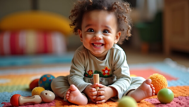 &ldquo;A Child with Progeria Smiling and Playing with Toys&rdquo; &ndash; A young child with Progeria engaging in joyful play with colorful toys, radiating happiness and hope, symbolizing resilience and inclusion.
