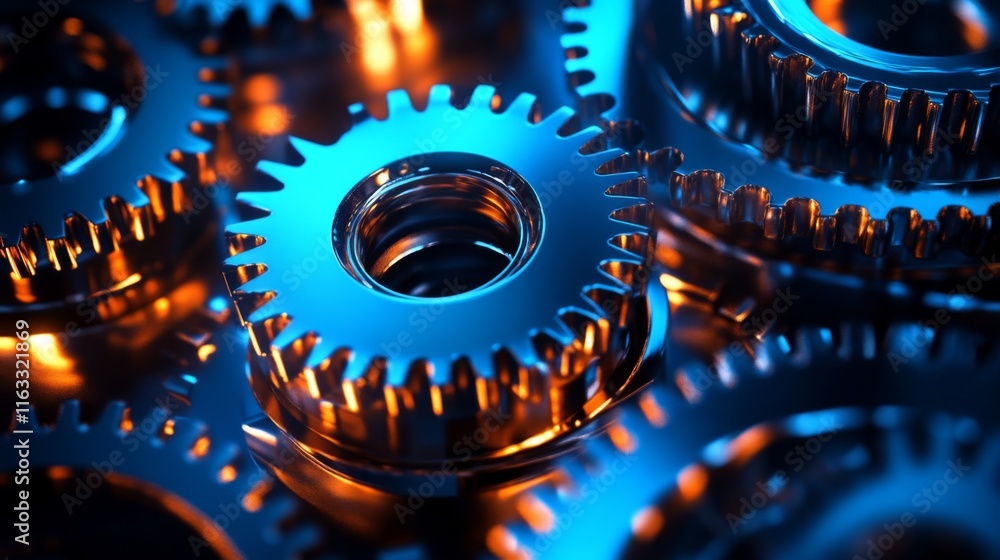 Poster close-up view of interlocking metallic gears with smooth surfaces and gleaming reflections, highligh