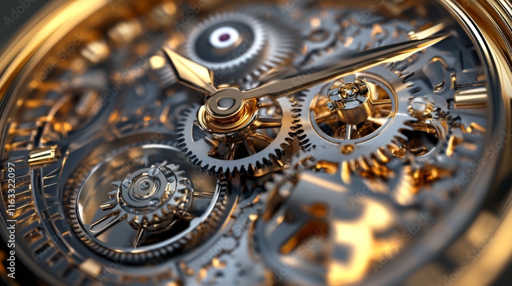 Poster close-up view of intricate mechanical watch movement showing gears, cogs, and hands in elegant gold 