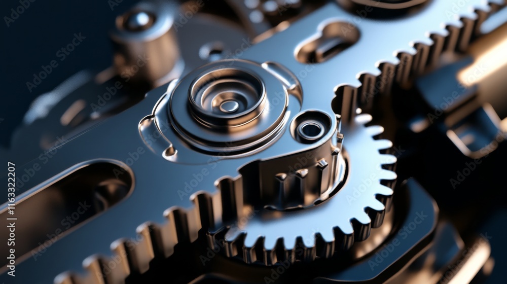 Poster close-up view of intricate metal gears and mechanical components highlighting precision engineering 