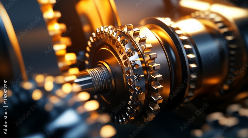 Poster close-up view of metallic gears exhibiting intricate design and shimmering reflections in industrial