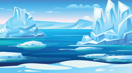 Beautiful Arctic seascape with large icebergs floating in clear blue water under a sunny sky. Vector cartoon illustration © YG Studio