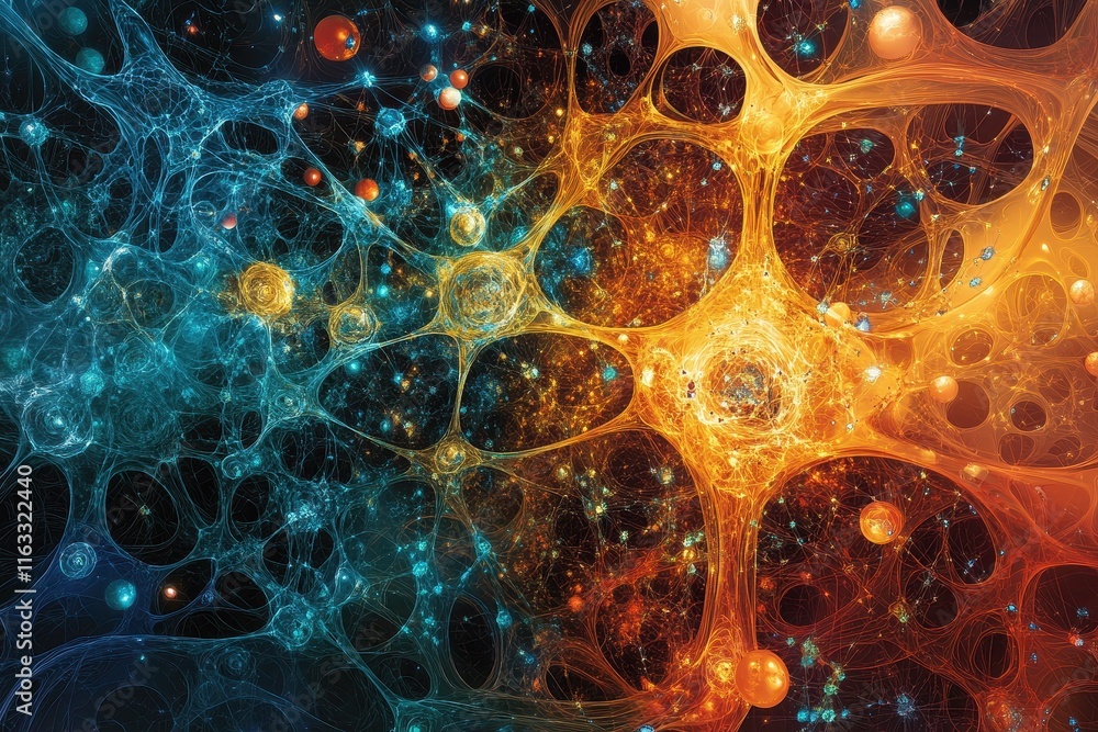 Poster intricate fractal network in vibrant blues and oranges. illustrates complex systems, neural networks