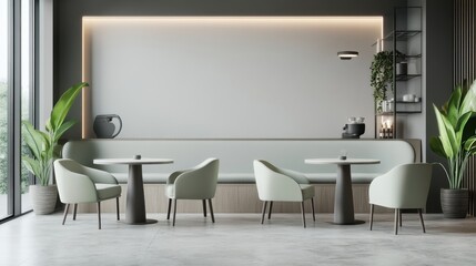 Modern cafe interior with minimalist seating and large blank wall. Perfect for showcasing restaurant menus or branding designs.